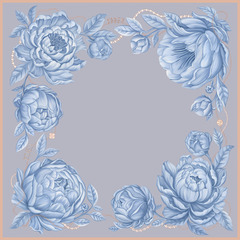 Платок «Пионы» голубая дымка