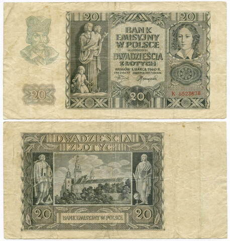 Банкнота Польша 20 злотых 1940 год K 5523678. F