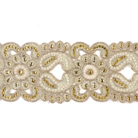 Лента на елку 5м Goodwill золотая с жемчугом и открытым орнаментом