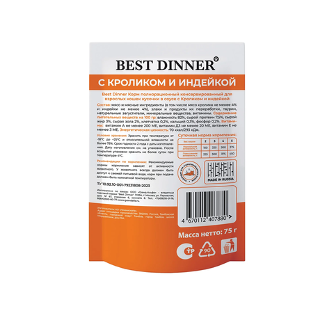 Best Dinner Базис С Кроликом и Индейкой Кусочки в соусе (упаковка 28 шт * 75 г)