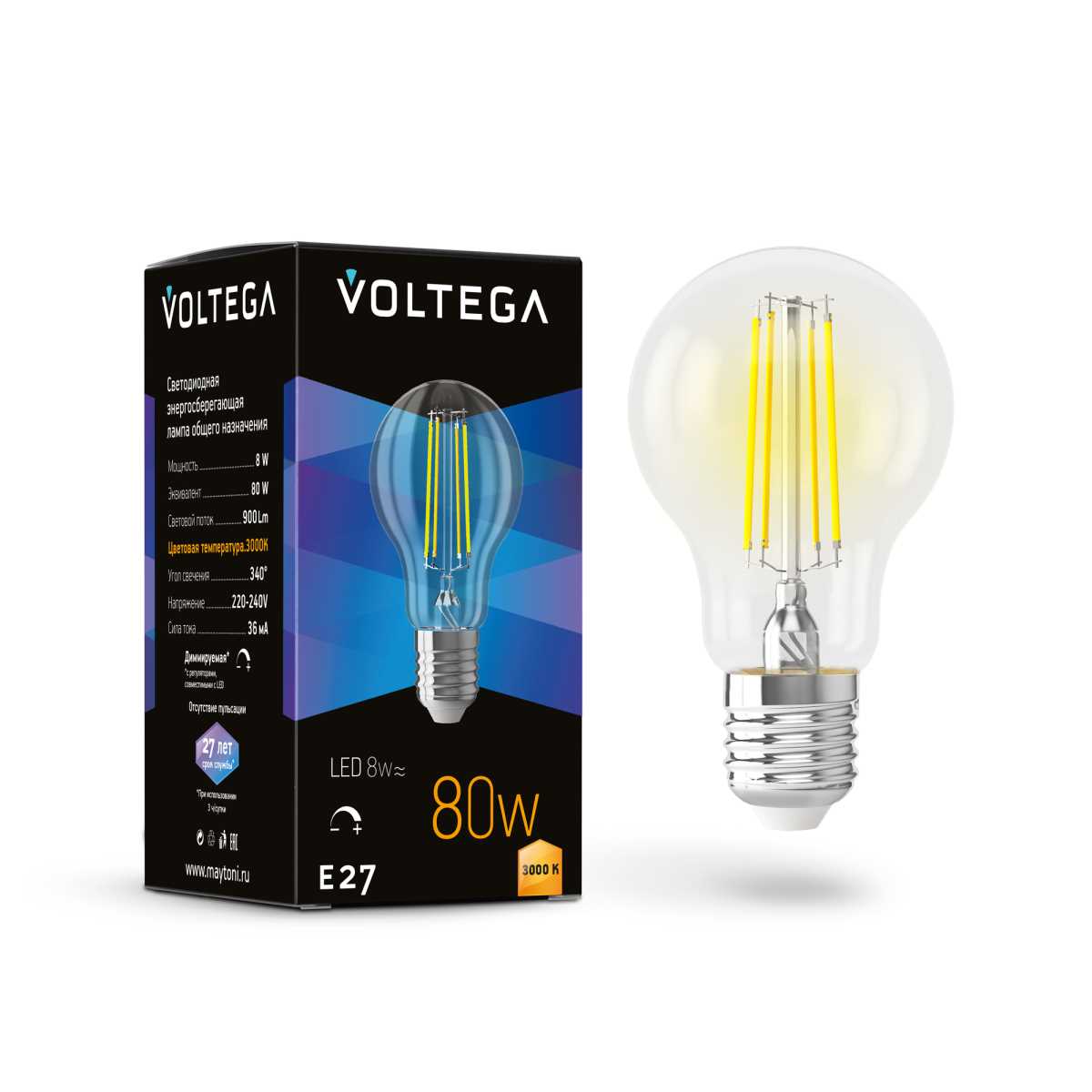 Лампа светодиодная диммируемая Voltega E27 8W 3000K прозрачная 7229