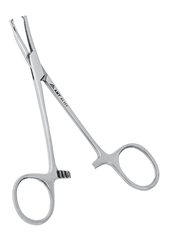 Зажим кровоостанавливающий 1х2 зубый зубчатый изогнутый по плоскости для новорожденных 125 мм
