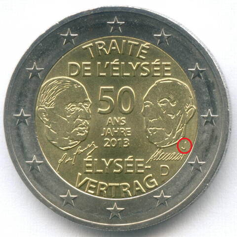 2 евро 2013 год (J). Германия. 50 лет подписания Елисейского договора. Биметалл UNC