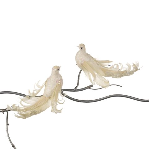 Набор украшений на елку 2шт 18см Goodwill Птицы кремовые с кудрявыми перьями на клипсе