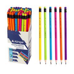 
          Карандаш ч/г Alingar HB, пластик, с ластиком, круглый/шестигр, заточенный, корпус ассорти (малиновый, желтый, синий, салат., оранж, фиолет.), 72 шт/уп