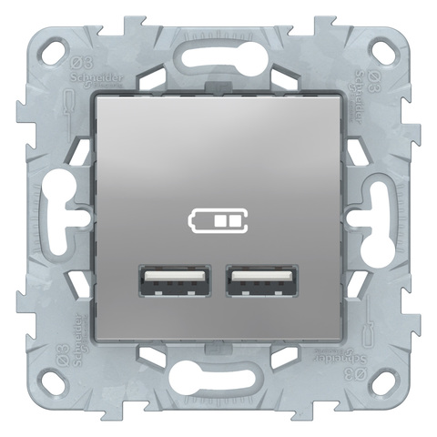 Розетка USB-зарядки двойная, 5B/2100 mA. Цвет Алюминий. Schneider Electric Unica New. NU541830