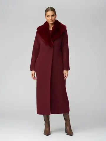 Женское шерстяное пальто с мехом и поясом