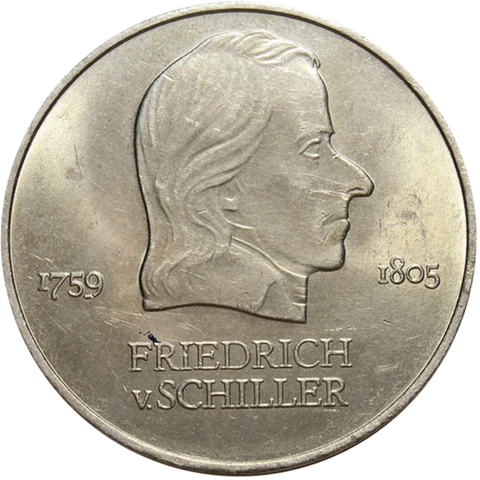 20 марок. Фридрих фон Шиллер. (A). Германия-ГДР. Медноникель. 1972 год. AU