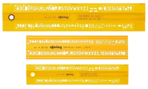 Трафарет Rotring латинские буквы 2.5/3.0/3.5/5.0/6.0 мм, пластик желтый/прозрачный