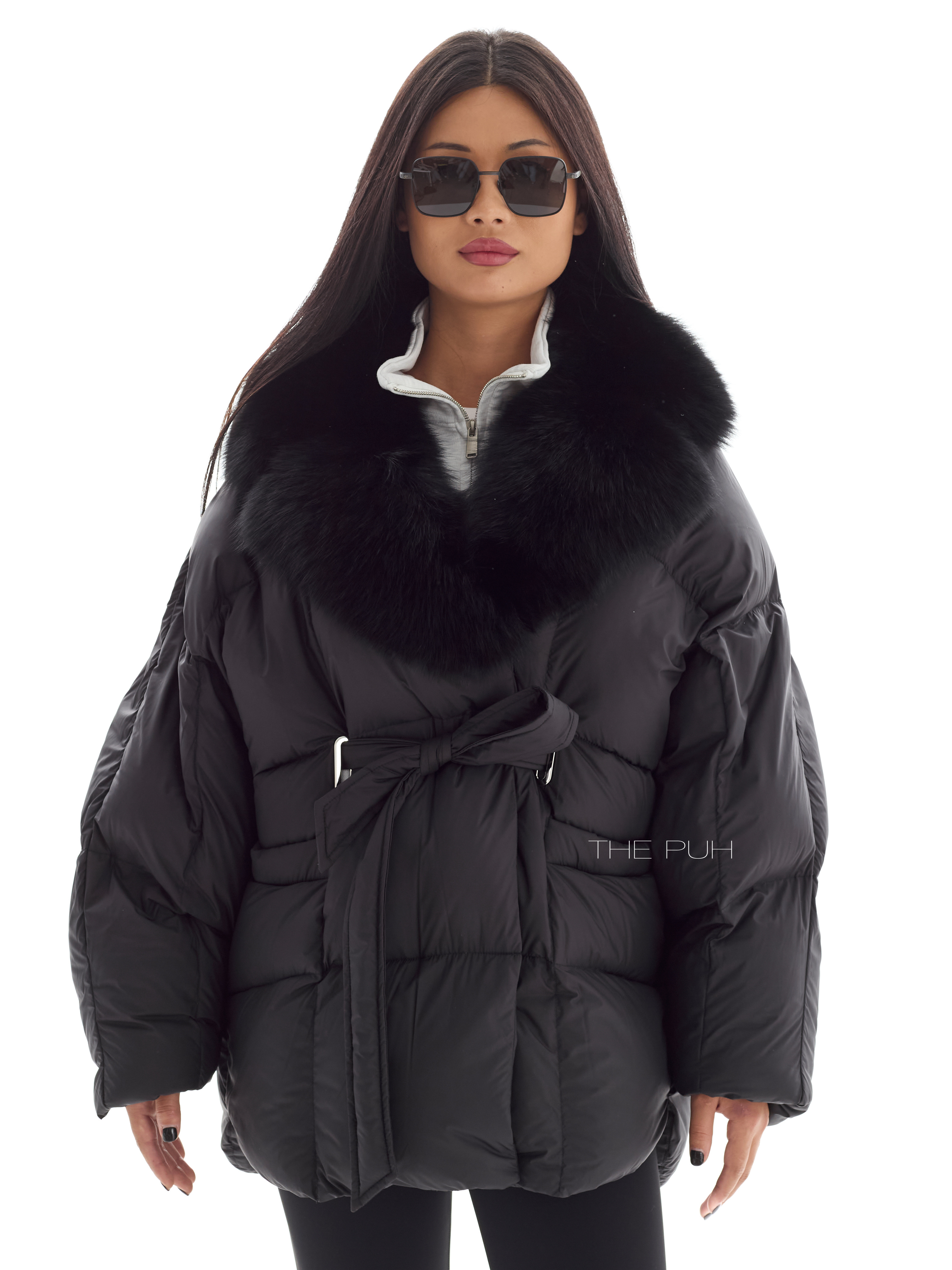 Черный пуховик летучая мышь с мехом