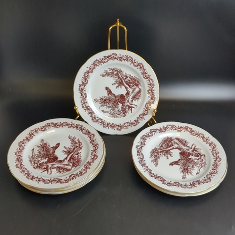 Антуражный набор тарелок десертных из 6 штук, фарфор из набора "Королевская охота", деколь, роспись, D-17 см, винтаж ГДР JIMENAU, времен СССР, Германия 1973 год