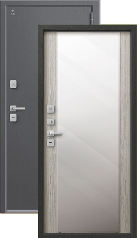 Термодверь входная Центурион Т-6/1 (2026) зеркало, 2 замка, 1,4 мм металл, (серый букле+полярный дуб)