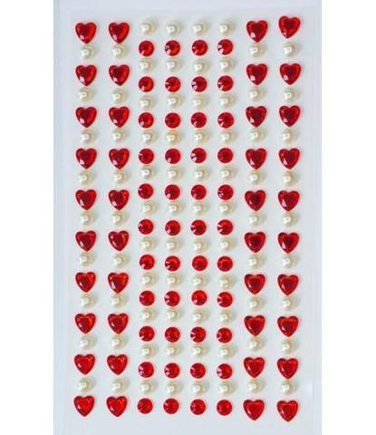 Стразы самоклеющиеся сердечки+жемчуг красные 152 шт