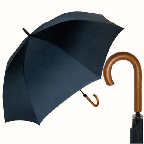 Купить большой чёрный зонт-трость с деревянной ручкой