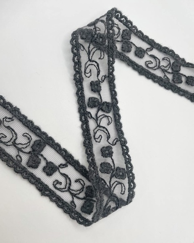 Тесьма из сетки с вышивкой, цвет тёмно - серый, 35 мм