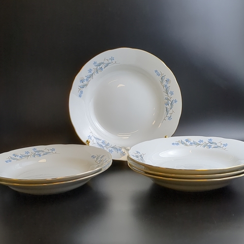 Тарелки суповые набор из 6 штук фарфоровые, синие цветы, незабудки, Yamatsu CHORI Japan, винтаж Япония, люкс 1970-1990 гг