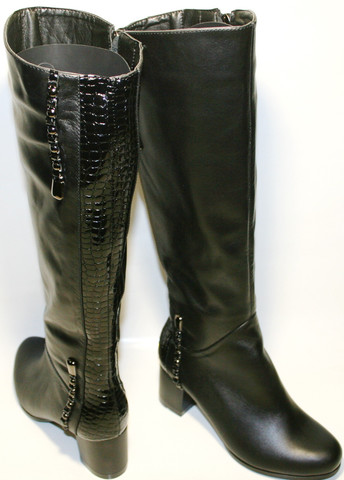 Зимние сапоги женские. Черные сапоги кожаные. Модные сапоги на каблуке Foletti.
