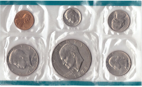 Набор США 1978 г. (P) UNC (6 монет Филадельфия, включая 1 доллар) в запайке. Медно-никель, медь