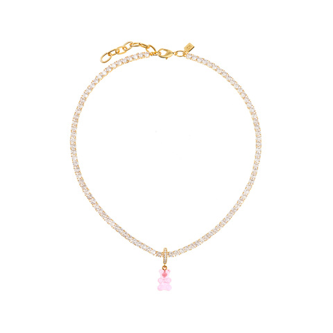 Pave Nostalgia Bear Serene Necklace - Pink and Clear