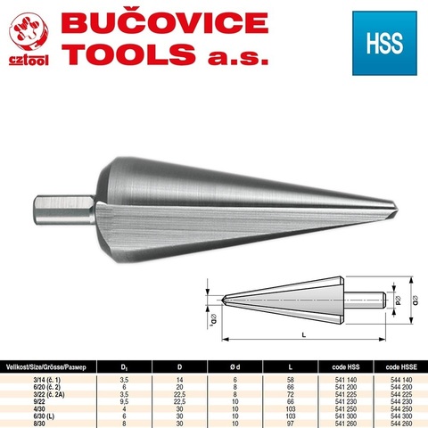 Сверло конусное 3,5-22,5мм L72мм S=8мм HSS Bucovice(CzTool) 541225