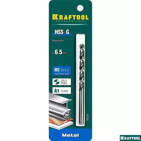 KRAFTOOL HSS-G 6.5 х101мм, Сверло по металлу HSS-G, сталь М2(S6-5-2)