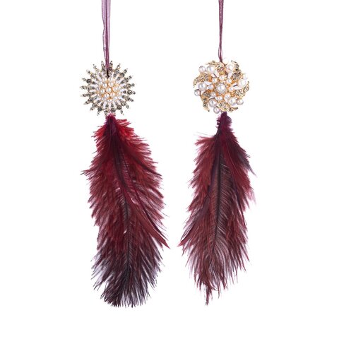 Набор украшений на елку 2шт 22см Goodwill Перышки с жемчужинами бургунди