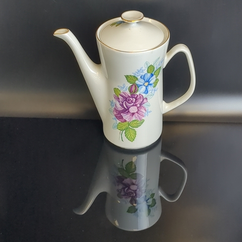 Кофейный чайник фарфоровый, изящный декор голубых цветов, Wloclawek porcelana, золочение, винтаж Польша, времён СССР 1967-1973 гг