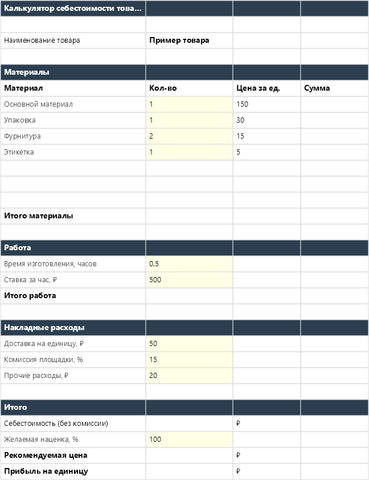 Калькулятор себестоимости товара в Excel — main