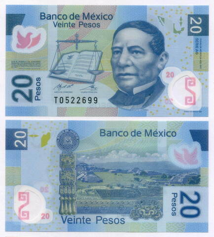 Банкнота Мексика 20 песо 2017 год T0522699. UNC (пластик)