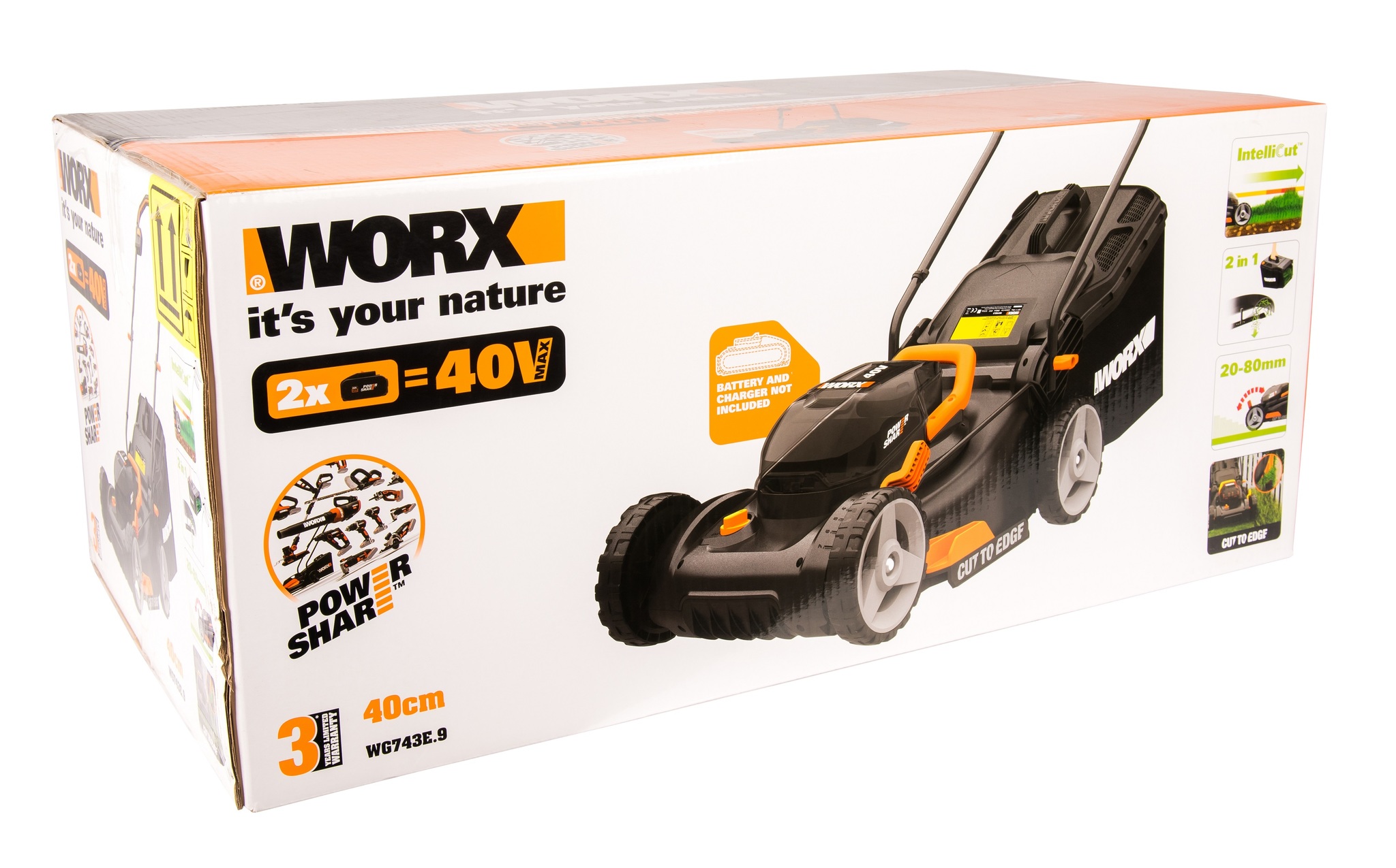 Газонокосилка аккумуляторная WORX WG743E.9, 40В (2×20В), 40cm, без АКБ и ЗУ