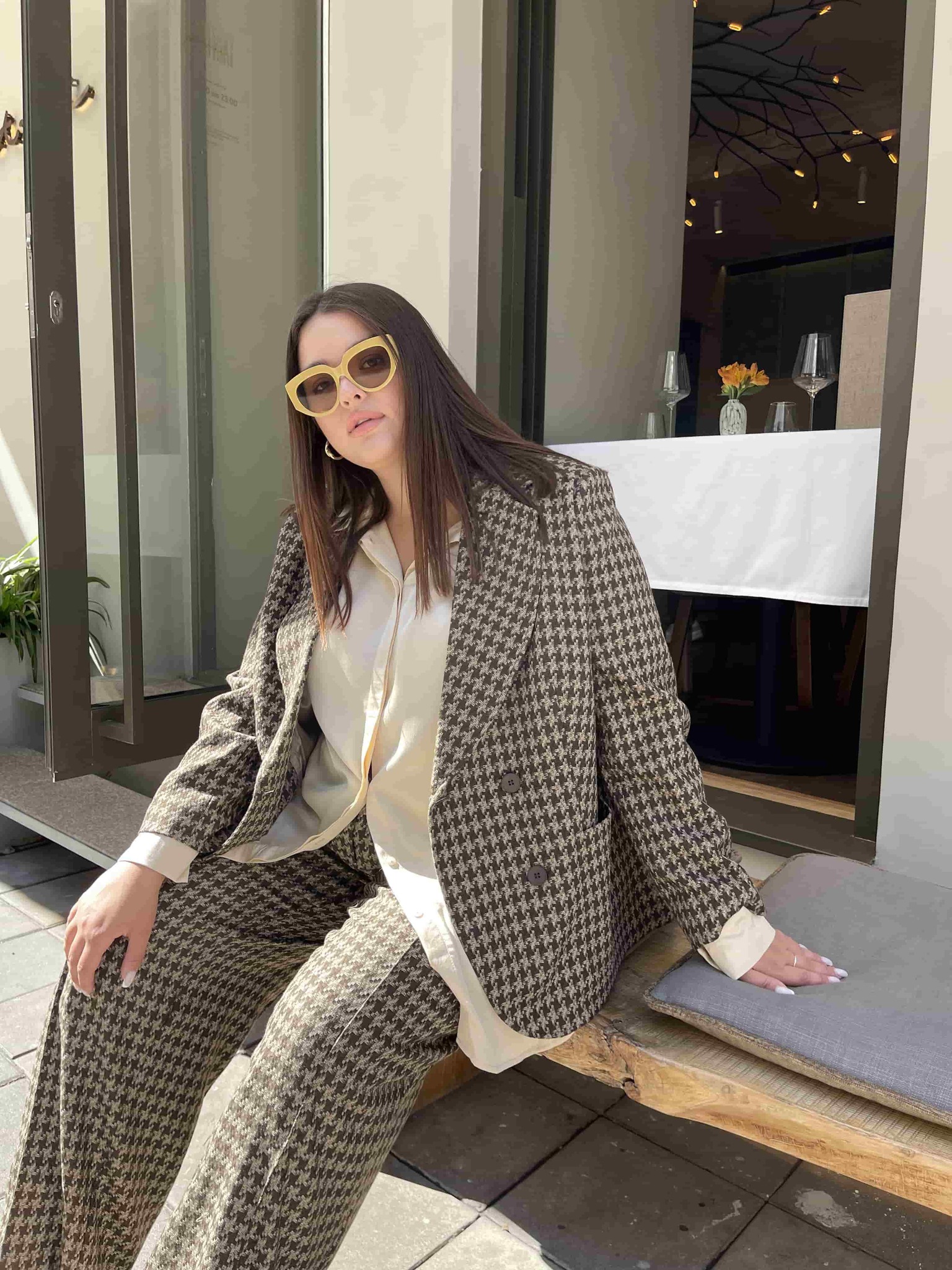 Брюки прямые широкие, гусиная лапка, коричневый