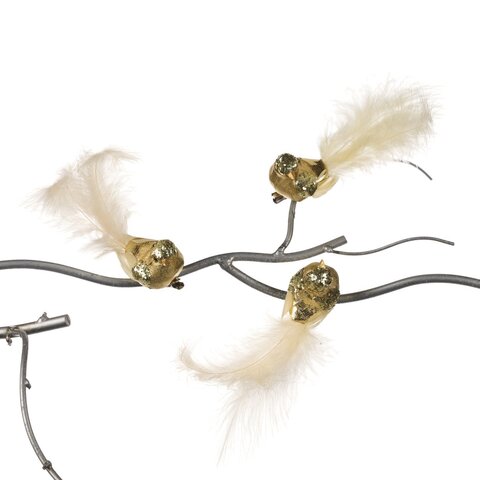 Набор украшений на елку 3шт 13см Goodwill Птицы кремово-золотые с блестками на клипсе