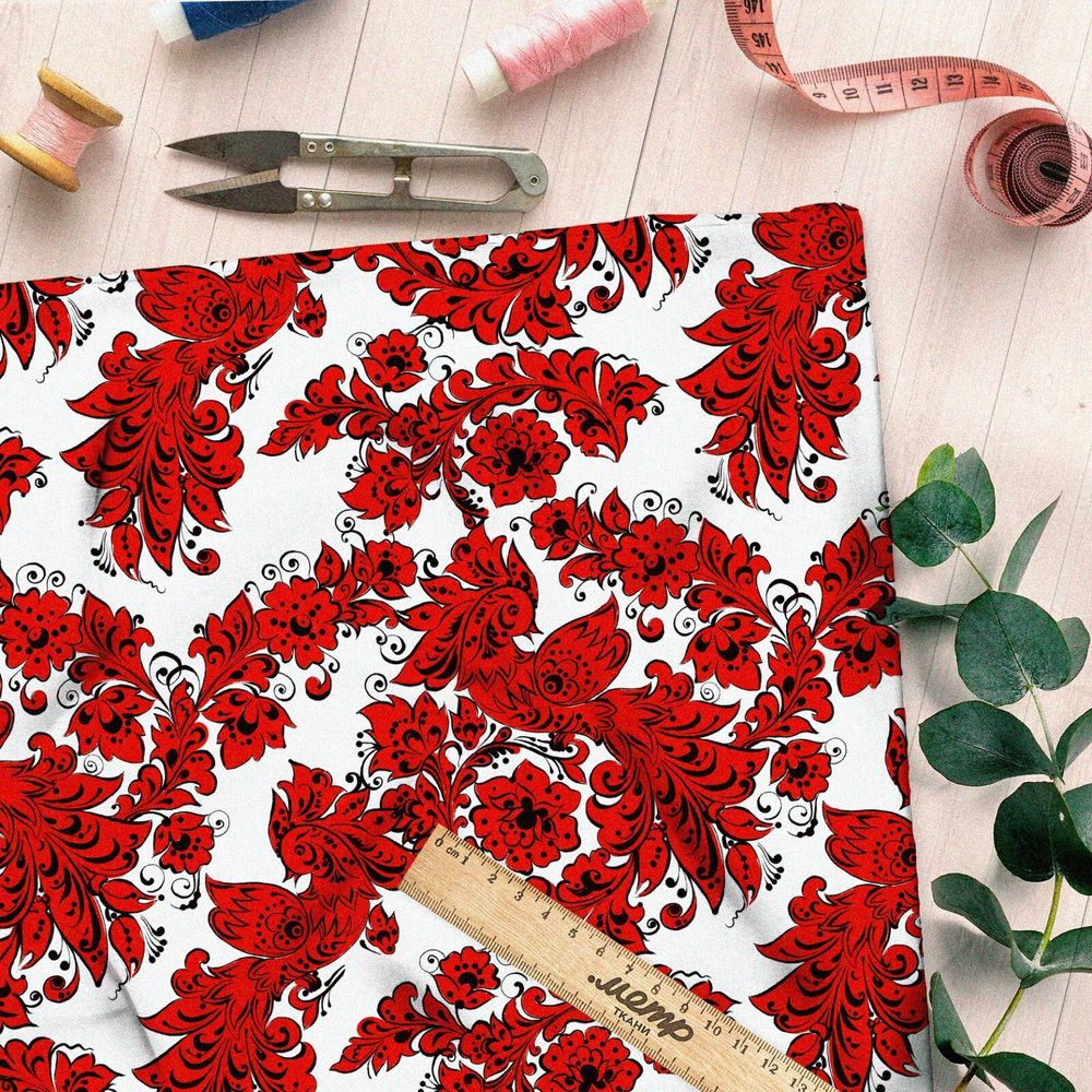 Ткань бязь красная хохлома по новому
