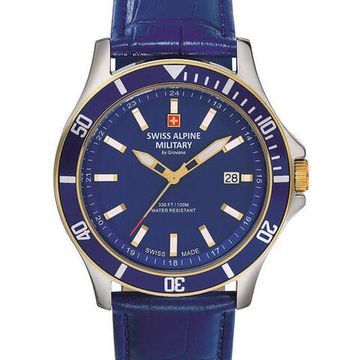 С ремешком Мужские наручные часы с синим кожаным ремешком  Swiss Alpine Military 7022.1545 mens 42mm 10ATM