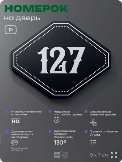 Номерок на дверь квартиры 127, для кабинета, офиса, шильдик 9 х 7 см, черный, Айдентика Технолоджи