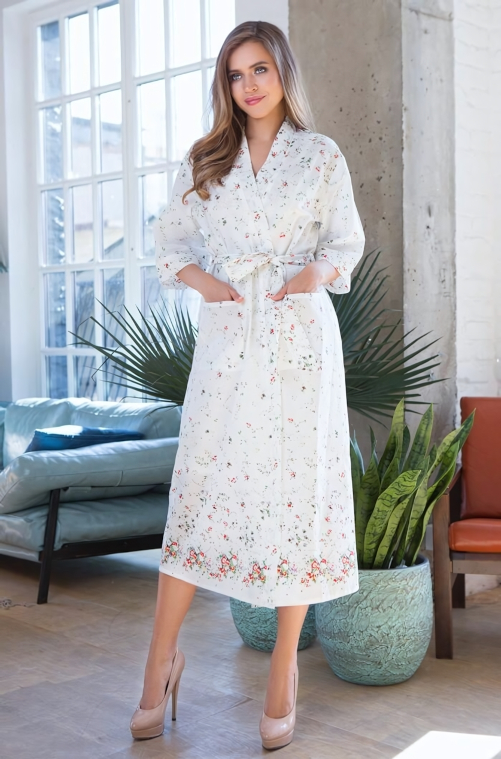 Длинный халат Daisy из нежного принтованного хлопка (Размер: XL-XXL) (Цвет: белый)