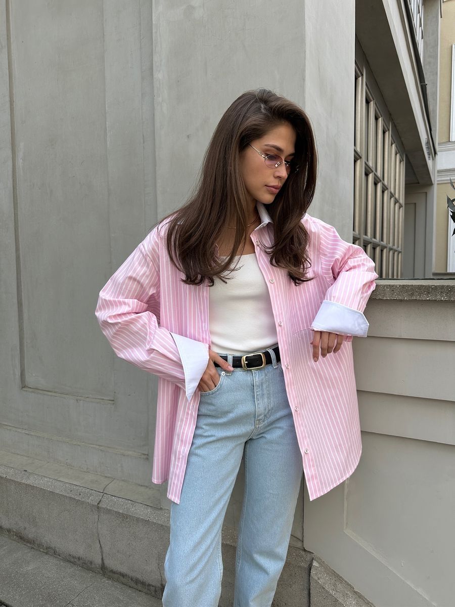 Рубашка из хлопка в полоску розовая