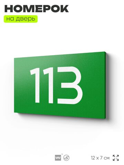Номер на дверь квартиры 113, табличка на дверь для офиса, кабинета, аудитории, склада, зеленая 120х70 мм, Айдентика Технолоджи