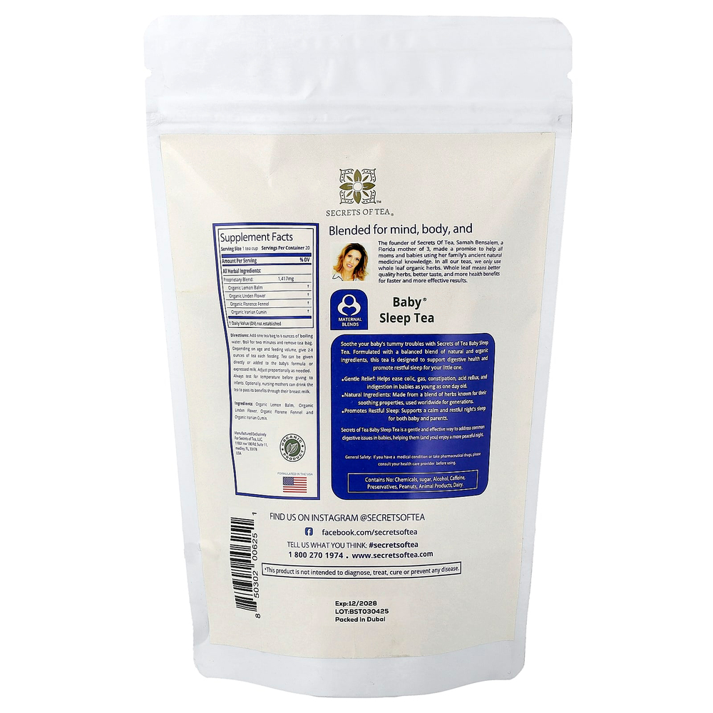 Secrets of Tea, Organic Baby® Sleep Tea, без кофеина, 20 неотбеленных чайных пакетиков, 28 г (1 унция)
