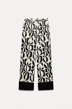 ZARA БРЮКИ ИЗ САТИНА С ПРИНТОМ, ЭКРЮ/ЧЕРНЫЙ