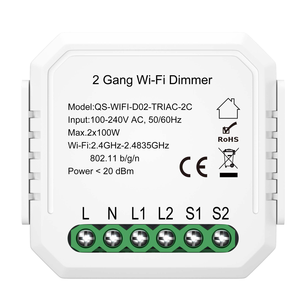 ST9000.500.02C WIFI реле 2 канала, 2х5A Белый - -*Max 2x1150W / 2x150W - Ra  IP20 L46xW46xH18 100-240V