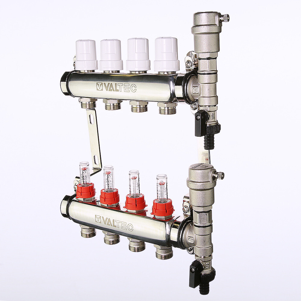 Коллекторный блок VALTEC из нержавеющей стали с регулировочными клапанами и расходомерами 1", 9 x 3/4", «евроконус»