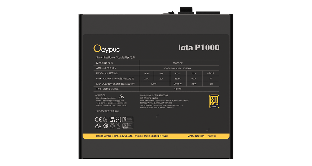 Блок питания Ocypus 1000W, Iota P1000, Full Modular, 80+ GOLD, 91%, Черный, Iota-P1000-G1FFBK024X-EU