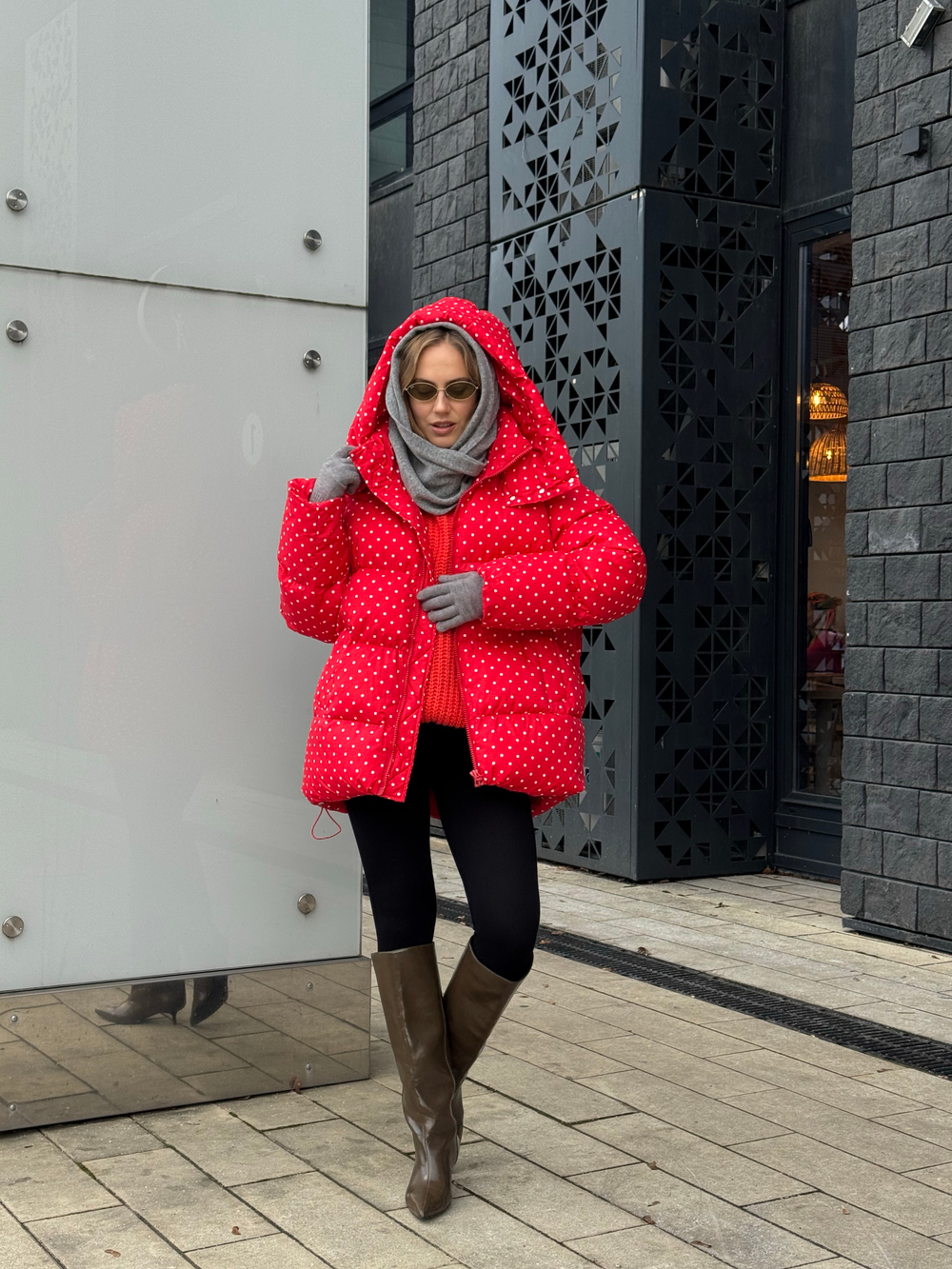 Пуховик Рокет миди красный в горох