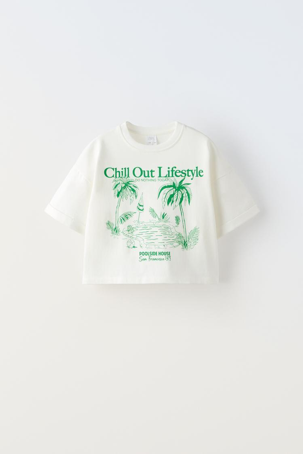 ZARA ФУТБОЛКА ИЗ ТКАНИ С ПРИНТОМ, БЕЛЫЙ/ЗЕЛЕНЫЙ