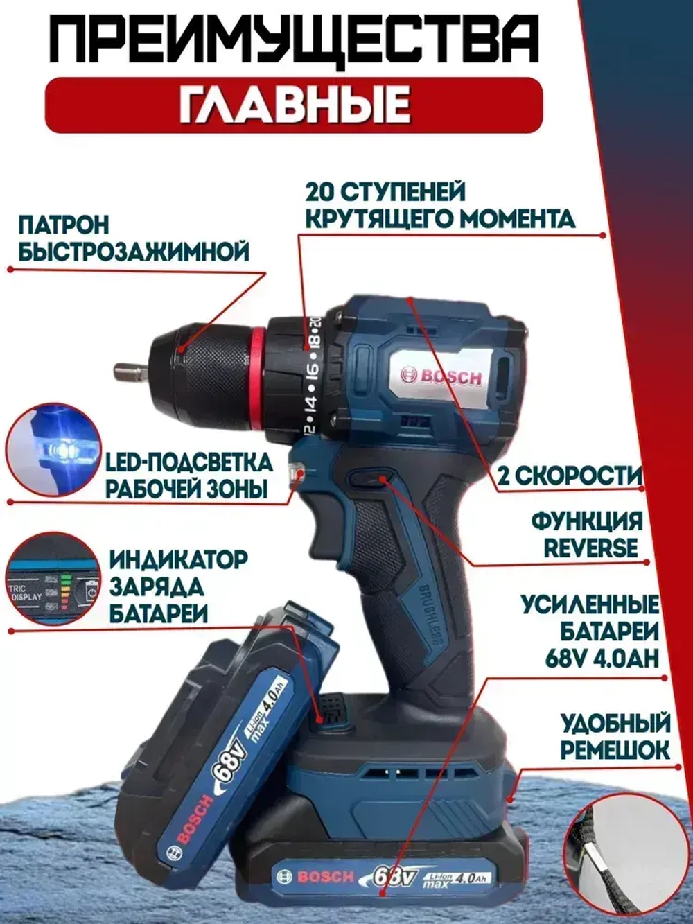 Шуруповерт аккумуляторный бесщеточный 68 Вт, дрель шуруповерт аккумуляторная 68 Вт с 2 АКБ в кейсе