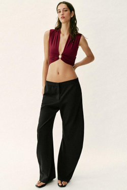 ZARA ТОП ИЗ ПОЛИАМИДА С ДРАПИРОВКОЙ И ФУРНИТУРОЙ, БУРГУНДИ