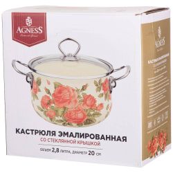 КАСТРЮЛЯ ЭМАЛИРОВАННАЯ AGNESS СО СТЕКЛЯННОЙ КРЫШКОЙ СЕРИЯ "СЕКРЕТНЫЕ ИНГРЕДИЕНТЫ" 2.8 Л, 20*12 СМ