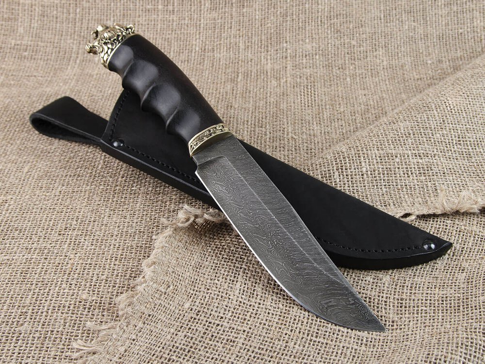 Нож "Тигр большой", дамасская сталь, рукоять черный граб мореный, литье голова зверя