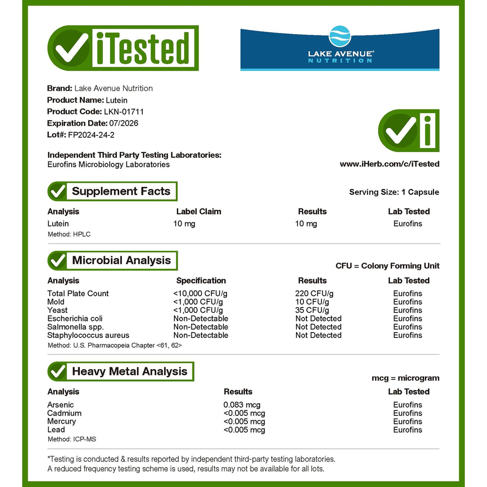 Lake Avenue Nutrition, лютеин, 10 мг, 180 растительных капсул